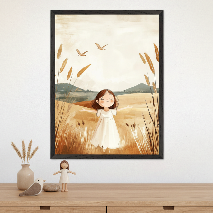 Framed illustration of a young girl in a white dress standing in a golden wheat field with arms outstretched and eyes closed, surrounded by tall grasses and birds flying overhead. The artwork is displayed above a wooden table with matching soft-toned decor, including a doll that resembles the girl in the painting.