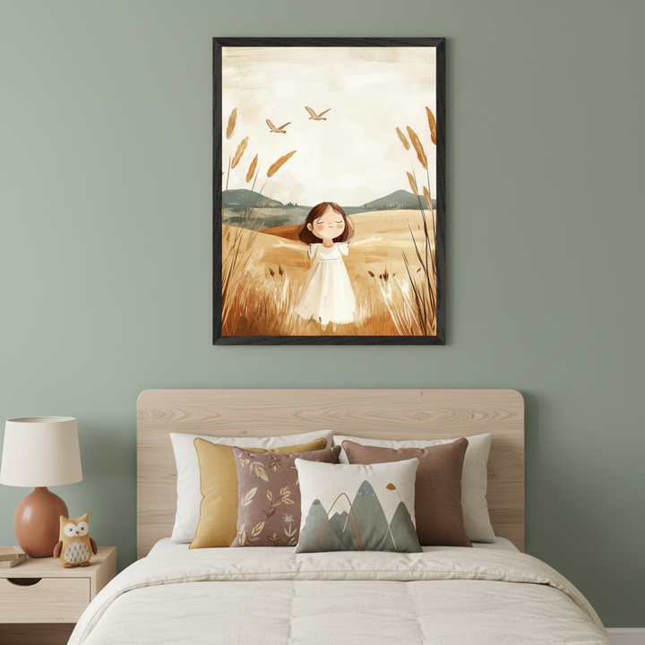 Modern bedroom with a light wood bed and headboard. A framed illustration of a girl in a golden field with birds flying hangs centered above the bed. A nightstand with a lamp and owl figurine is to the left.