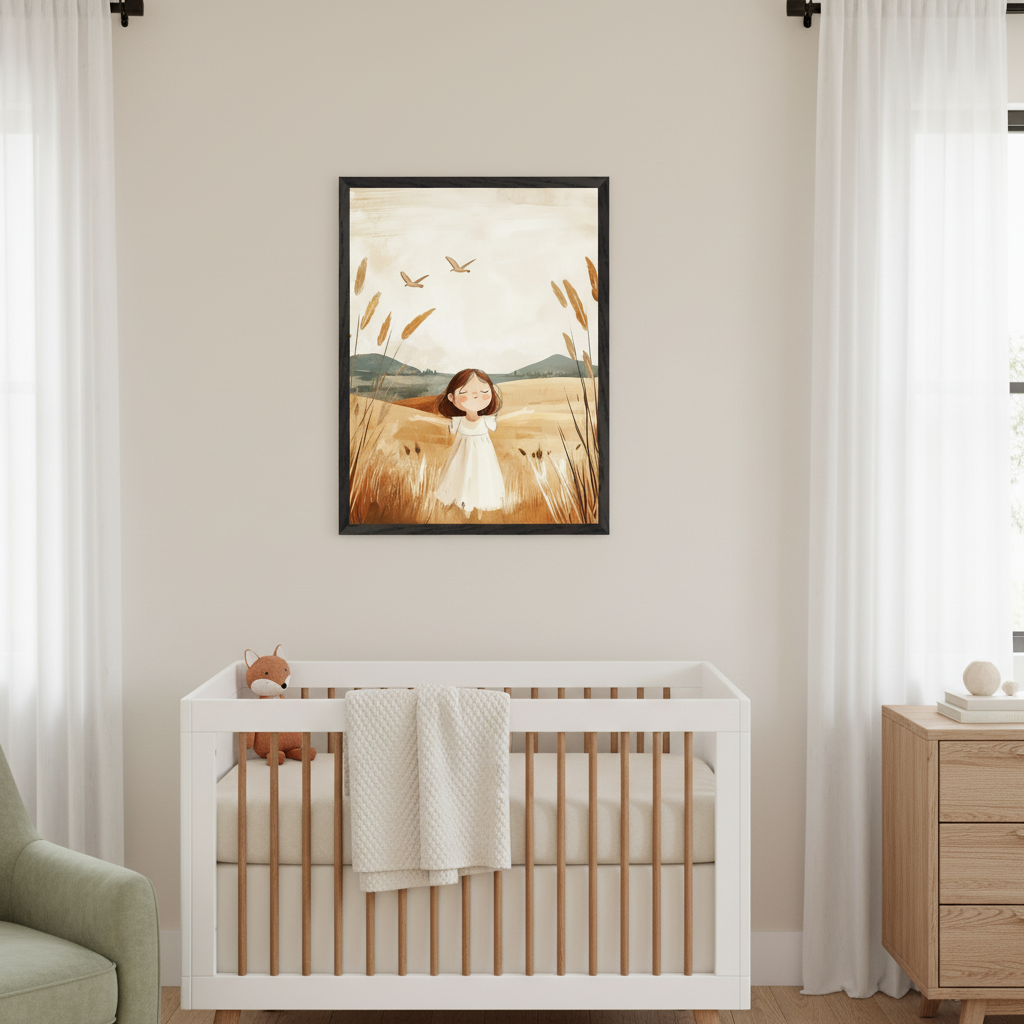 Modern nursery with a white and wood crib. A framed illustration of a girl in a white dress in a golden field with reeds and flying birds hangs above the crib. A green armchair is on the left, and a wood dresser is on the right.