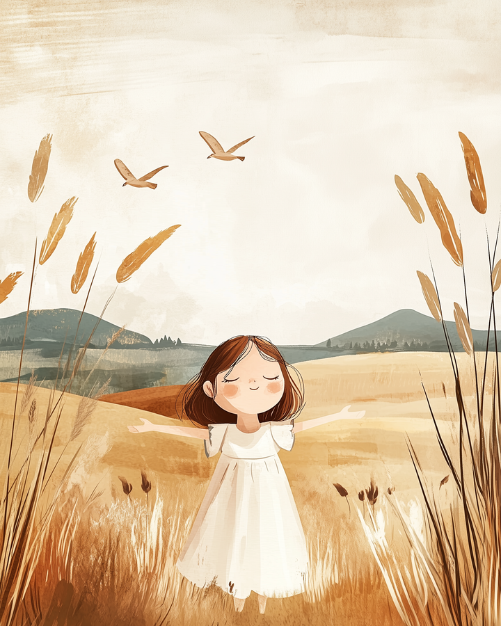 A young girl in a white dress stands with her arms open in a golden field, eyes closed as two birds fly overhead, surrounded by tall plants and distant hills.
