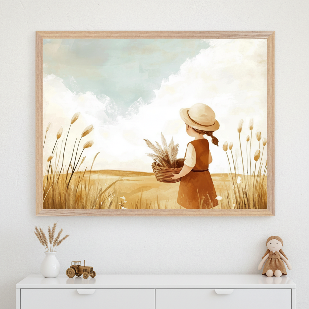 Modern children's room with a white dresser. A large framed watercolor painting of a girl in a hat, holding a basket in a golden wheat field under a blue sky, hangs centered above the dresser. A vase of wheat, a toy tractor, and a fabric doll are on the dresser.