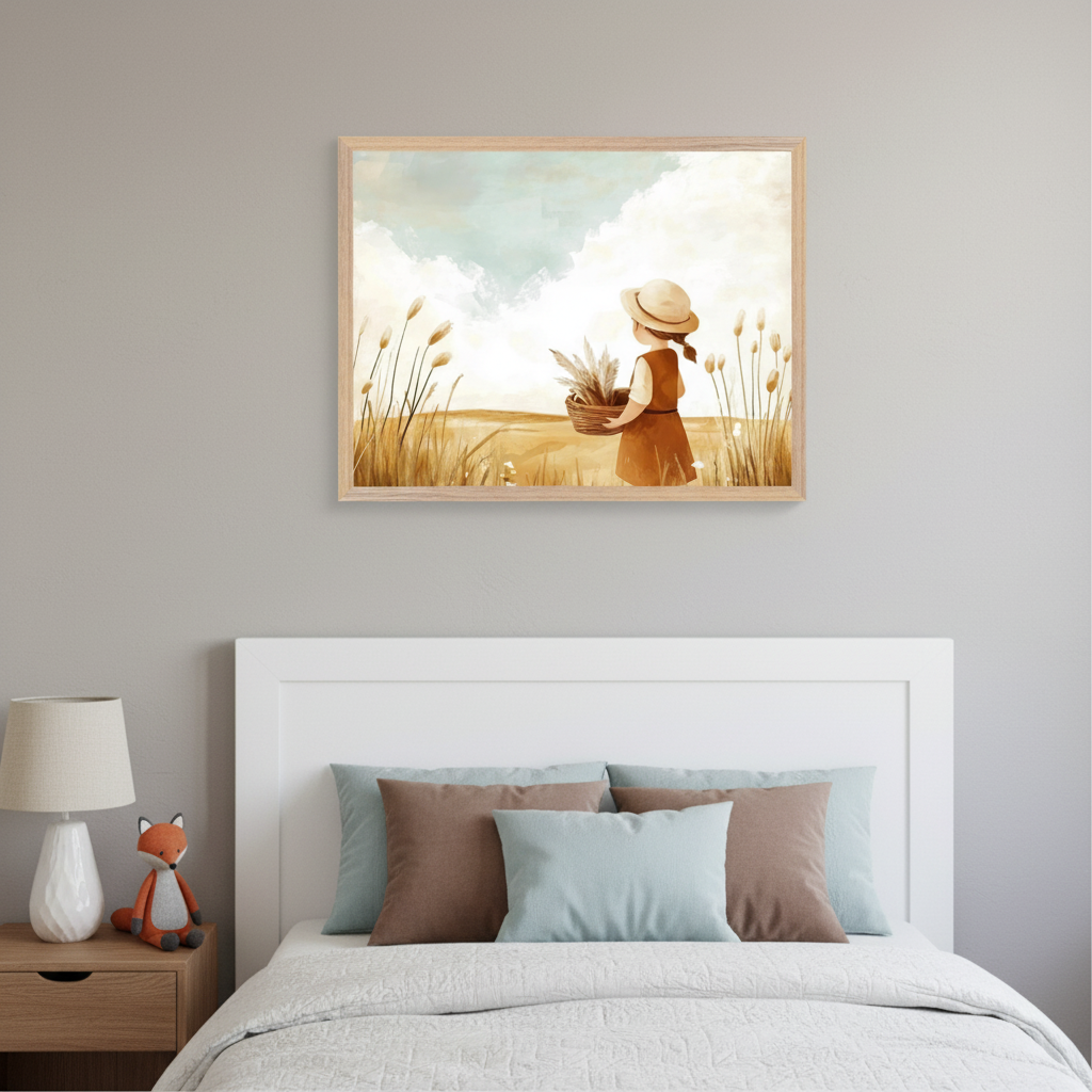 Kid's bedroom with a white headboard bed and wooden nightstand. A framed watercolor painting of a girl in a straw hat carrying wheat in a field hangs above the bed.