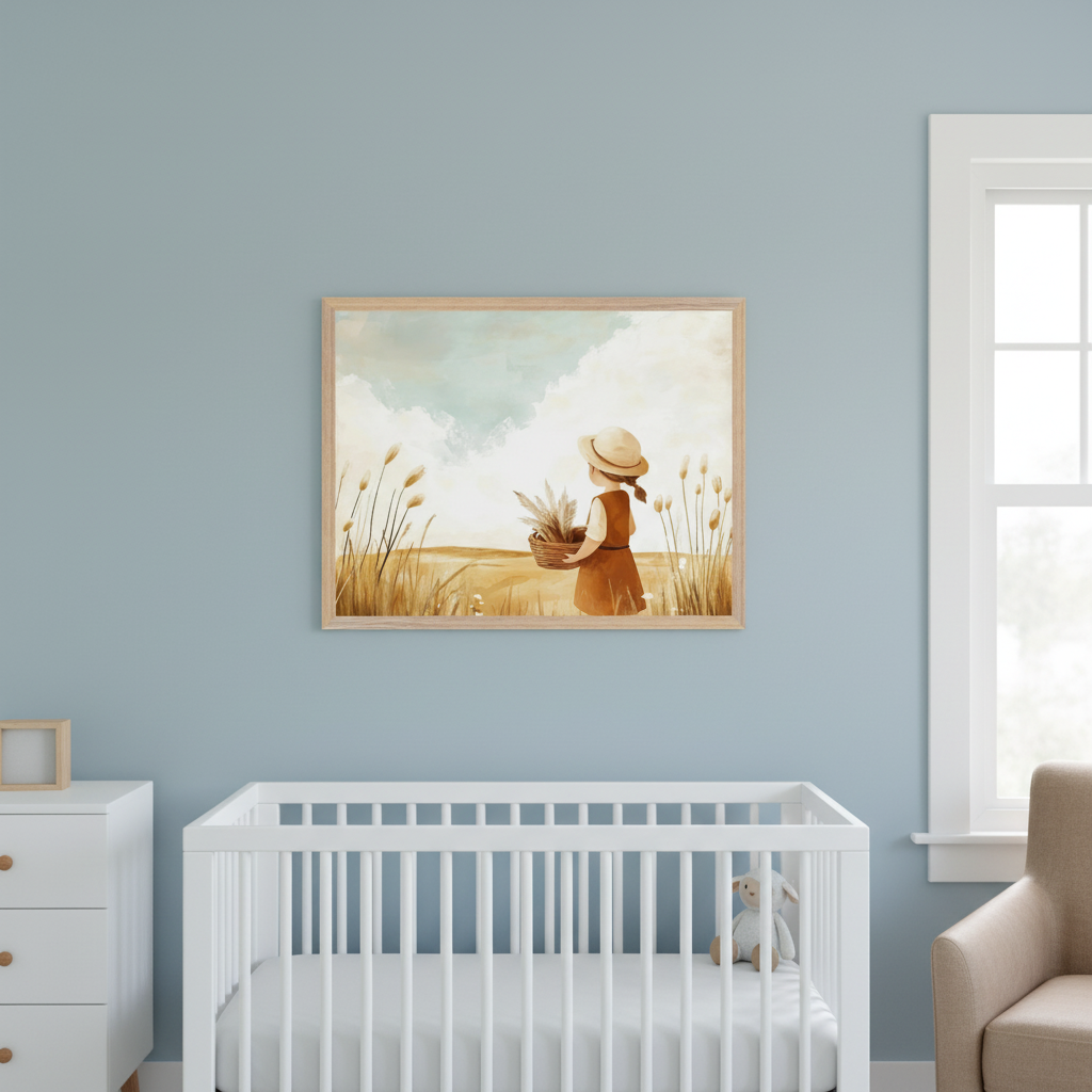 Nursery with a light blue wall. A framed watercolor print of a girl in a hat holding a wheat basket in a field hangs above a white crib. A white dresser is to the left, and a beige armchair next to a window is to the right. A stuffed lamb is in the crib.
