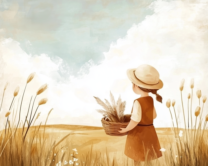 A child wearing a sun hat and brown dress holds a basket of wheat while gazing across a golden field under a soft, pastel sky with tall grass on both sides.
