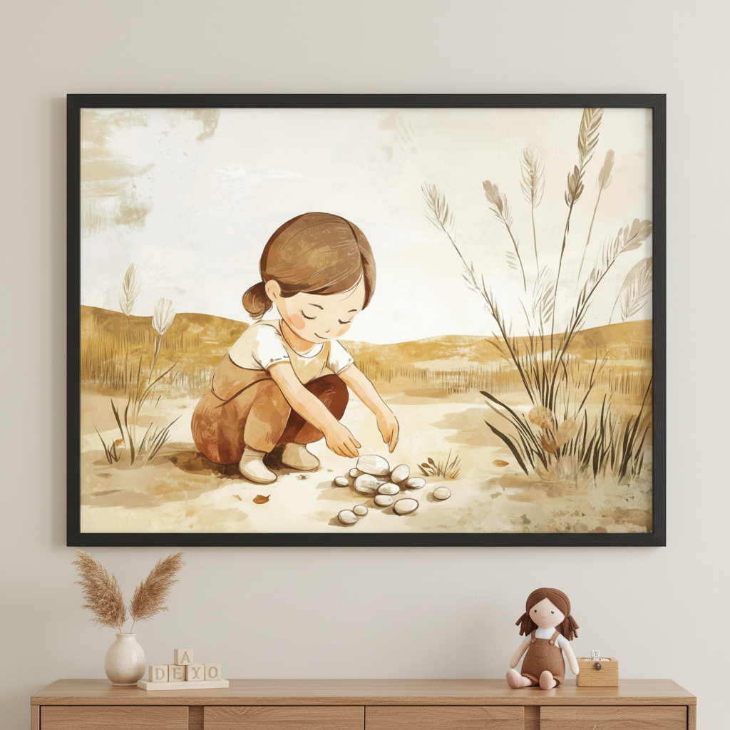Framed illustration of a young girl crouching in a dry, grassy field, gently arranging white pebbles on the ground. The artwork uses warm, earthy tones and features soft, detailed grass in the background, evoking a peaceful and nostalgic outdoor moment.