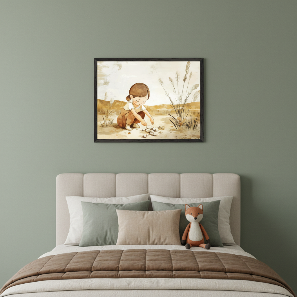 Cozy bedroom with a beige upholstered bed against a sage green wall. A framed watercolor illustration of a girl collecting stones in a dry landscape hangs centered above the bed. A fox stuffed animal rests on the bed.