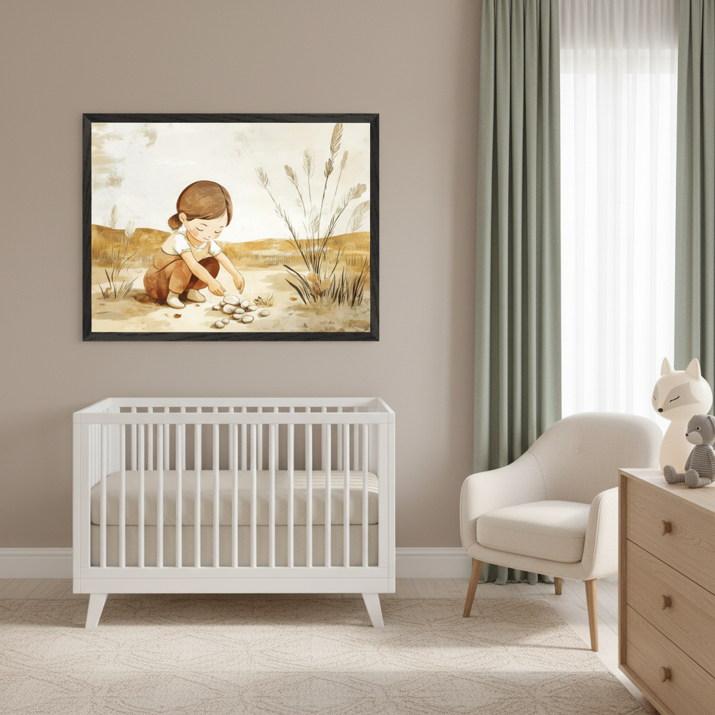 Modern nursery with a white crib, cream armchair, and light wood dresser. A large framed artwork hangs centered above the crib, depicting a girl crouching and playing with white stones in a field with tall grass, in a watercolor style.