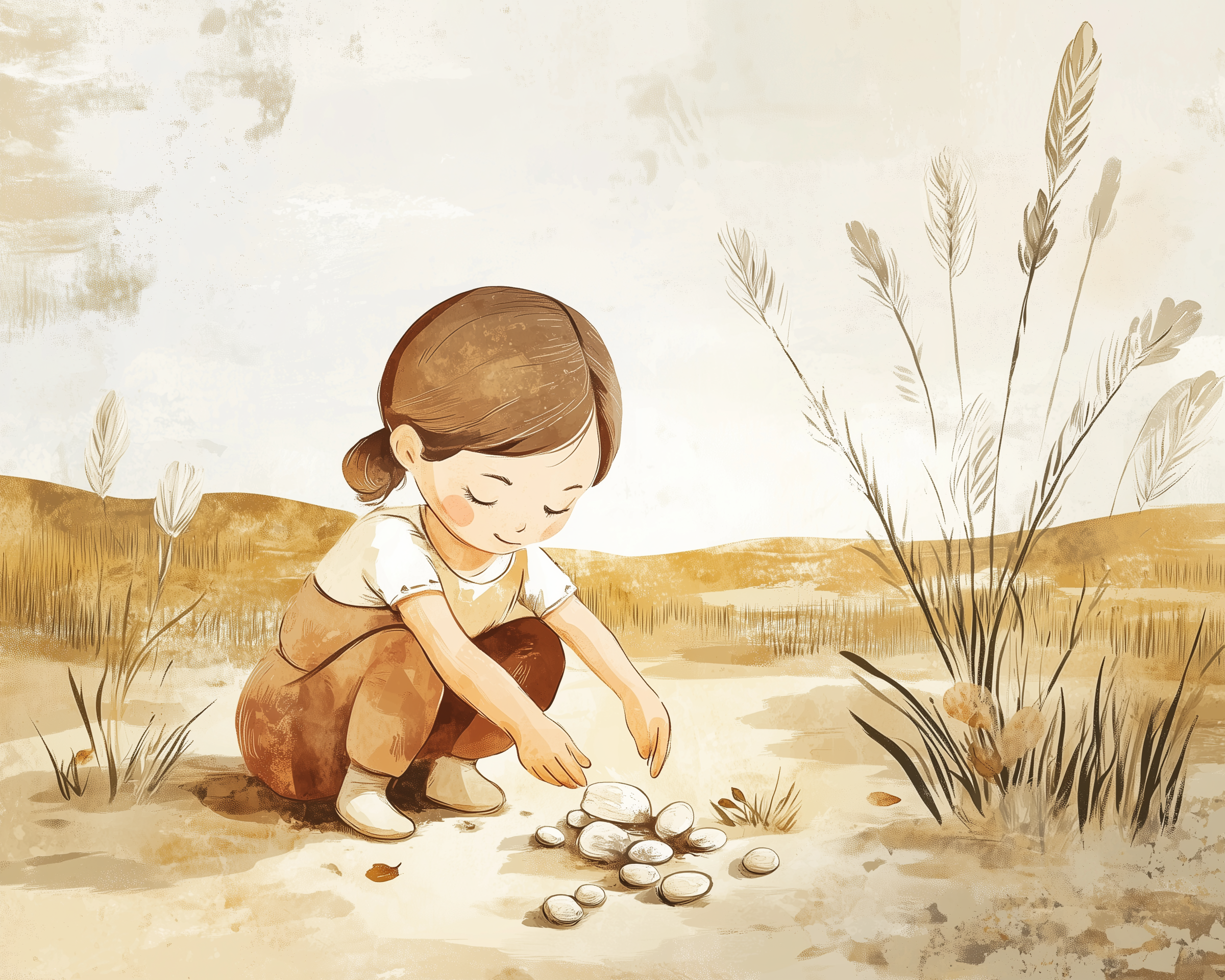 A young girl crouches in a dry, grassy landscape, carefully stacking white stones in a small pile, with wheat-like plants and hills in the background.