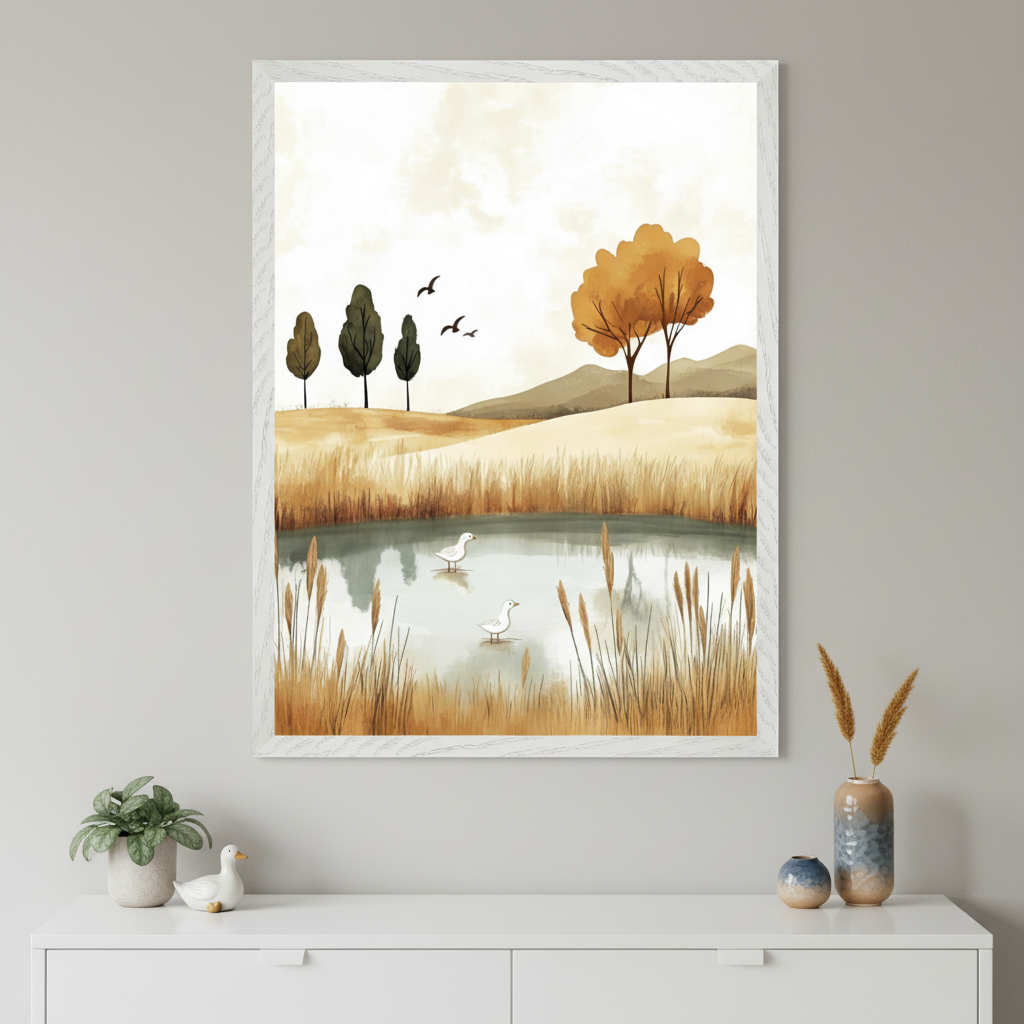 Framed wall art depicting a calm autumn landscape with a small pond surrounded by tall golden grasses, two white birds wading in the water, and distant hills with stylized trees. The artwork hangs above a white cabinet adorned with vases, dried grasses, and a ceramic bird, creating a serene and nature-inspired decor.
