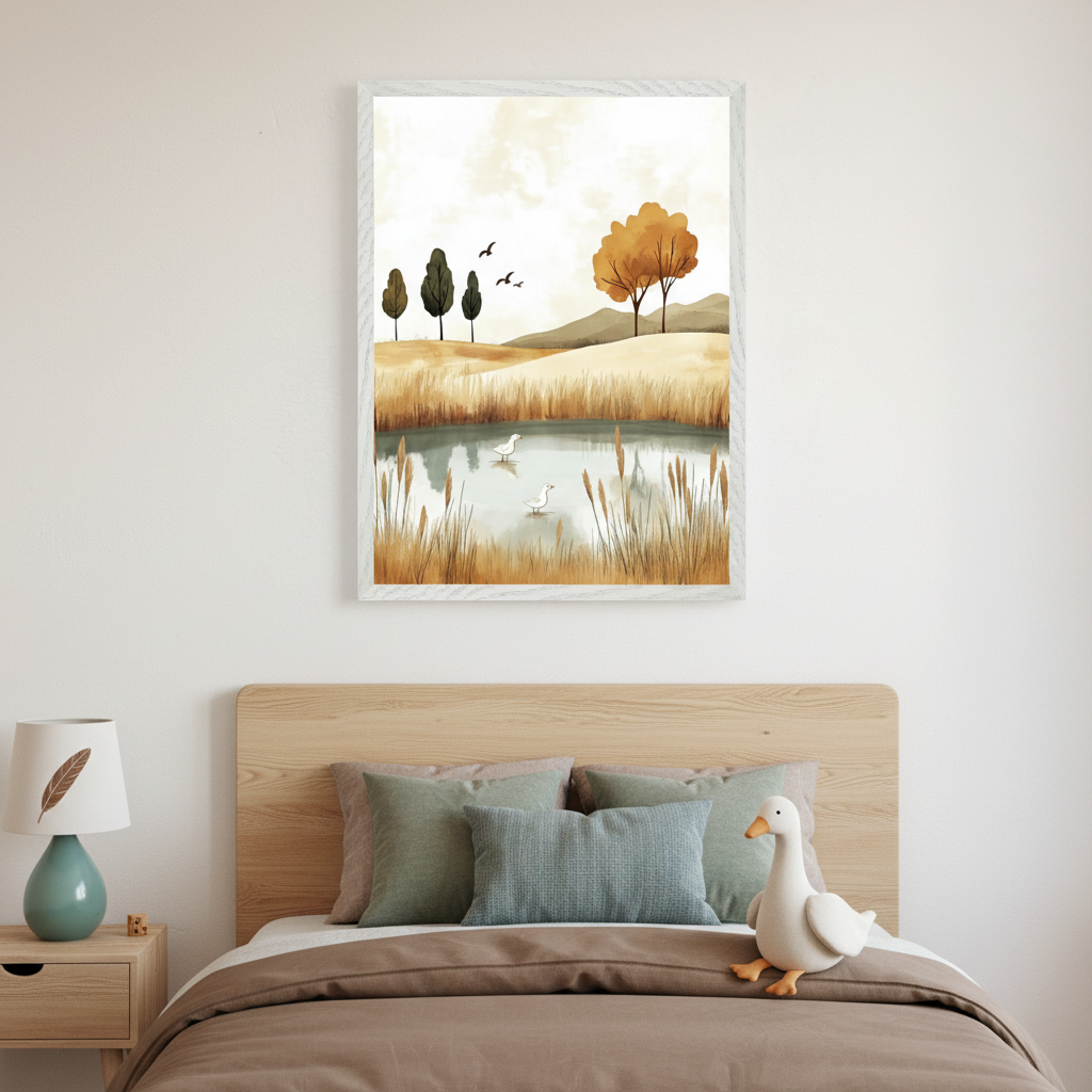 Modern bedroom with a light wood bed and headboard. A large framed watercolor landscape print hangs centrally above the bed, depicting a pond with two ducks, surrounded by golden reeds and trees against rolling hills. A teal lamp is on a nightstand to the left, and a white duck toy is on the bed.