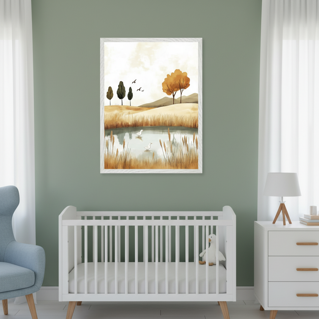 Modern nursery with sage green walls. A large framed watercolor landscape print of a pond with two ducks, reeds, autumn hills, and trees hangs above a white crib. A light blue armchair is on the left, and a white dresser is on the right.