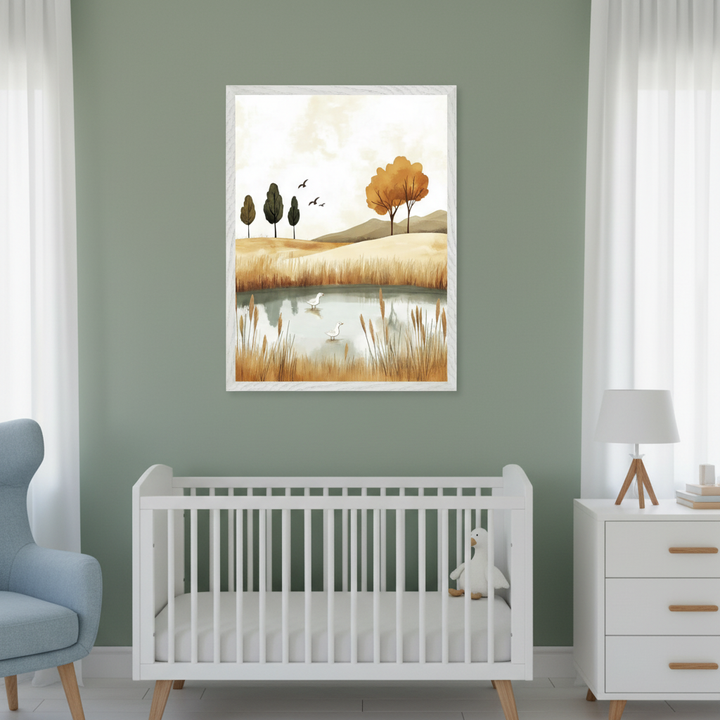 Modern nursery with sage green walls. A large framed watercolor landscape print of a pond with two ducks, reeds, autumn hills, and trees hangs above a white crib. A light blue armchair is on the left, and a white dresser is on the right.