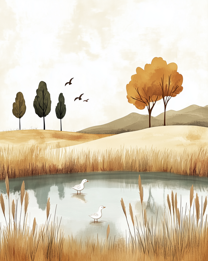 Two white ducks wade in a still pond surrounded by tall grasses, golden hills, and trees in shades of green and orange, with birds flying overhead.
