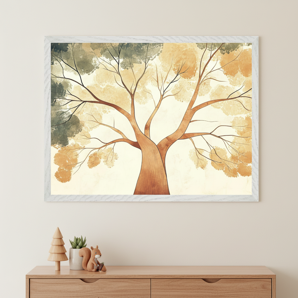 Framed wall art of a stylized tree with a thick, curved trunk and spreading branches, topped with abstract leaves in warm autumn tones of green, yellow, and orange. The artwork hangs above a light wooden dresser decorated with nature-themed items, creating a soft, woodland-inspired nursery look.