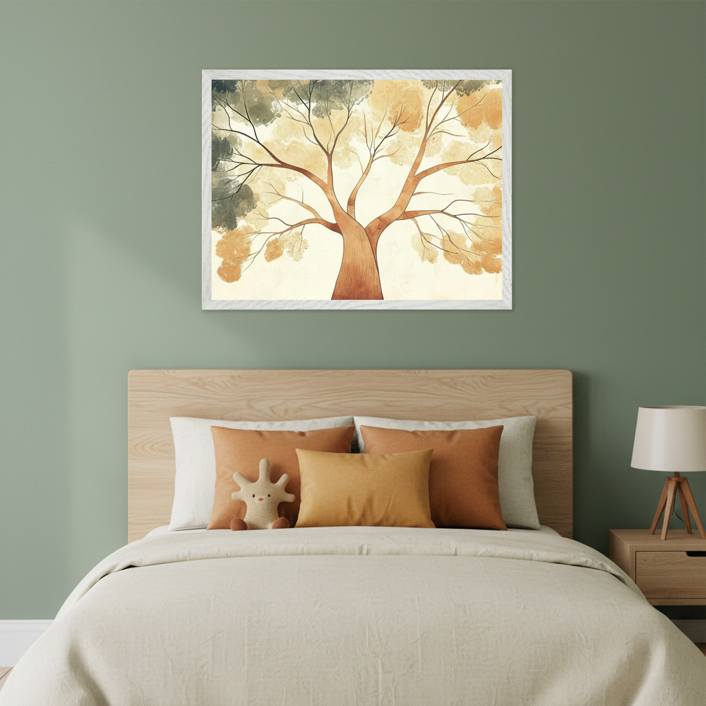 Modern bedroom with a light wood bed and beige bedding against a green wall. A white-framed watercolor painting of a stylized tree with warm yellow, orange, and gray foliage hangs centered above the bed. A nightstand and lamp are to the right.