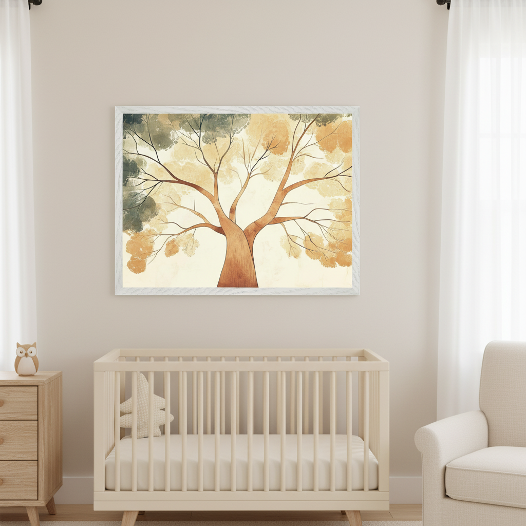 Modern nursery with a light wood crib, dresser, and armchair. A large framed print of a stylized tree with fall-toned leaves in a watercolor style hangs centered above the crib.