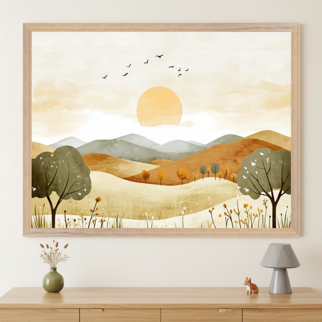 A framed art print depicts a whimsical autumn landscape with rolling hills in warm earth tones, scattered trees with orange and green foliage, and wildflowers in the foreground. A golden sun rises or sets above distant mountains, with birds flying in formation across a soft, cloud-streaked sky.