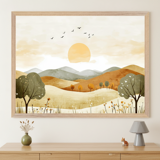 A framed art print depicts a whimsical autumn landscape with rolling hills in warm earth tones, scattered trees with orange and green foliage, and wildflowers in the foreground. A golden sun rises or sets above distant mountains, with birds flying in formation across a soft, cloud-streaked sky.