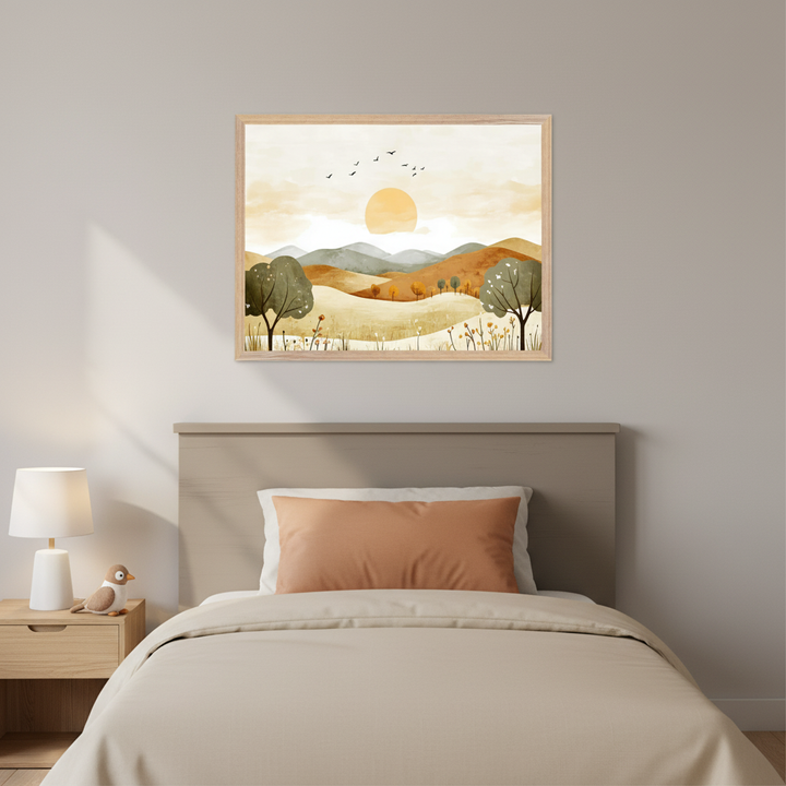 Modern bedroom with a single bed and wooden headboard. A nightstand with a lamp and toy bird is on the left. Above the bed hangs a framed watercolor landscape art showing hills, trees, a large orange sun, and birds flying.