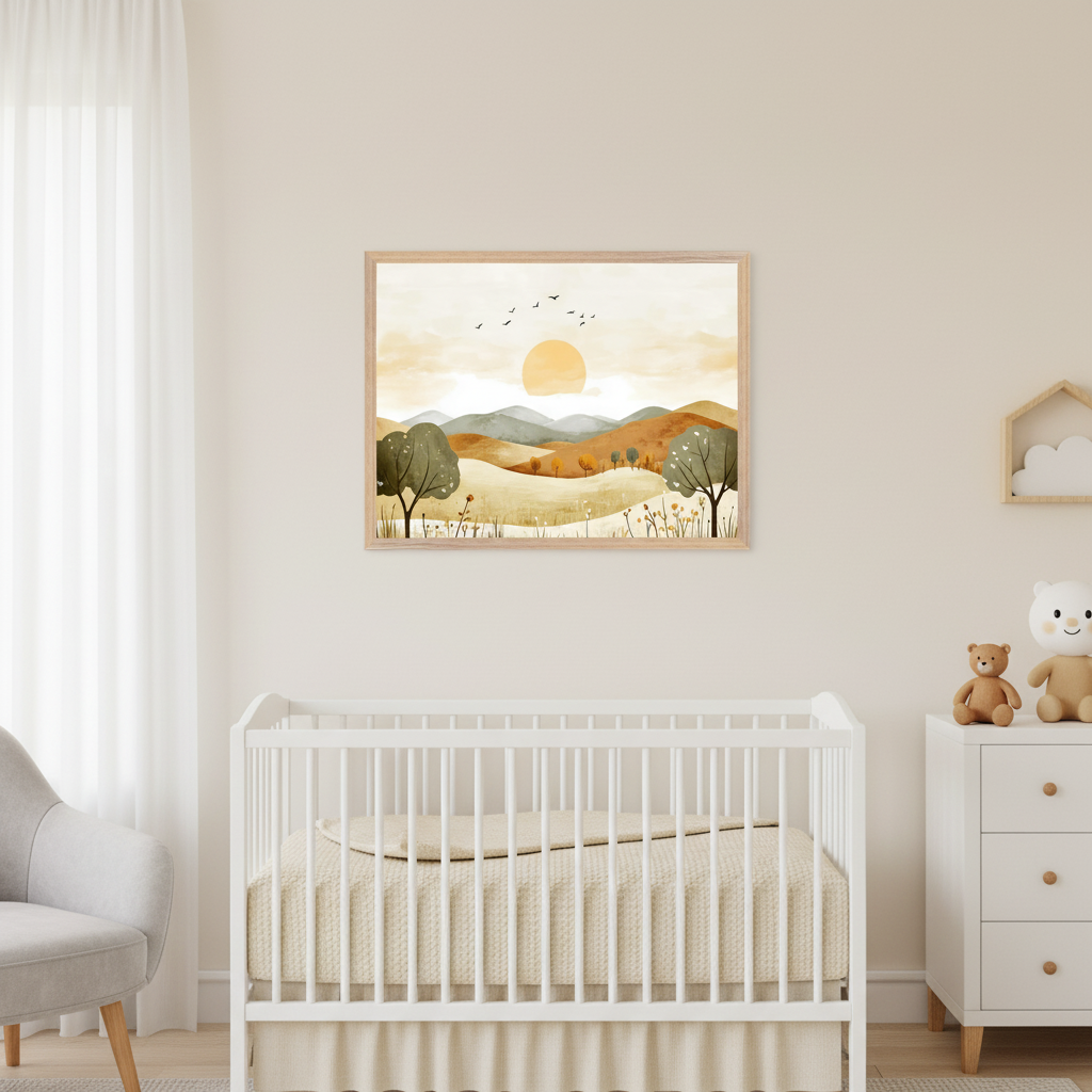 Nursery with a white crib, gray armchair, and white dresser. A framed watercolor landscape showing rolling hills, trees, wildflowers, an orange sun, and flying birds hangs above the crib.