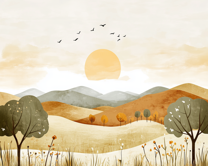 A peaceful landscape shows the sun setting behind gentle hills with trees scattered across golden and green slopes, as a flock of birds flies through the sky.

