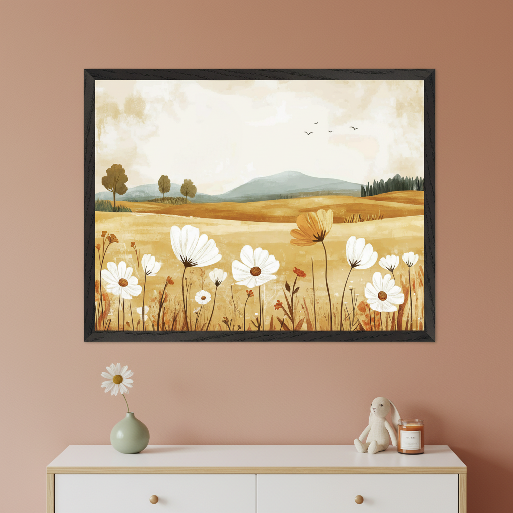 Modern room with a white dresser. A large framed landscape painting hangs centered above the dresser, depicting a field of white and yellow flowers, golden rolling hills, distant blue mountains, and trees under a light sky with birds. On the dresser are a vase with a daisy, a plush bunny, and a candle.