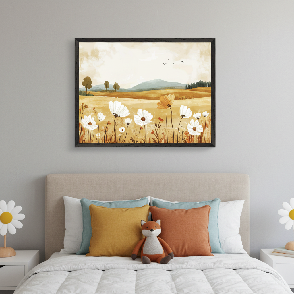 Kid's bedroom with a beige upholstered bed. A large, black-framed illustrative landscape painting of a golden field with white and yellow flowers, trees, and distant mountains hangs centered above the bed.