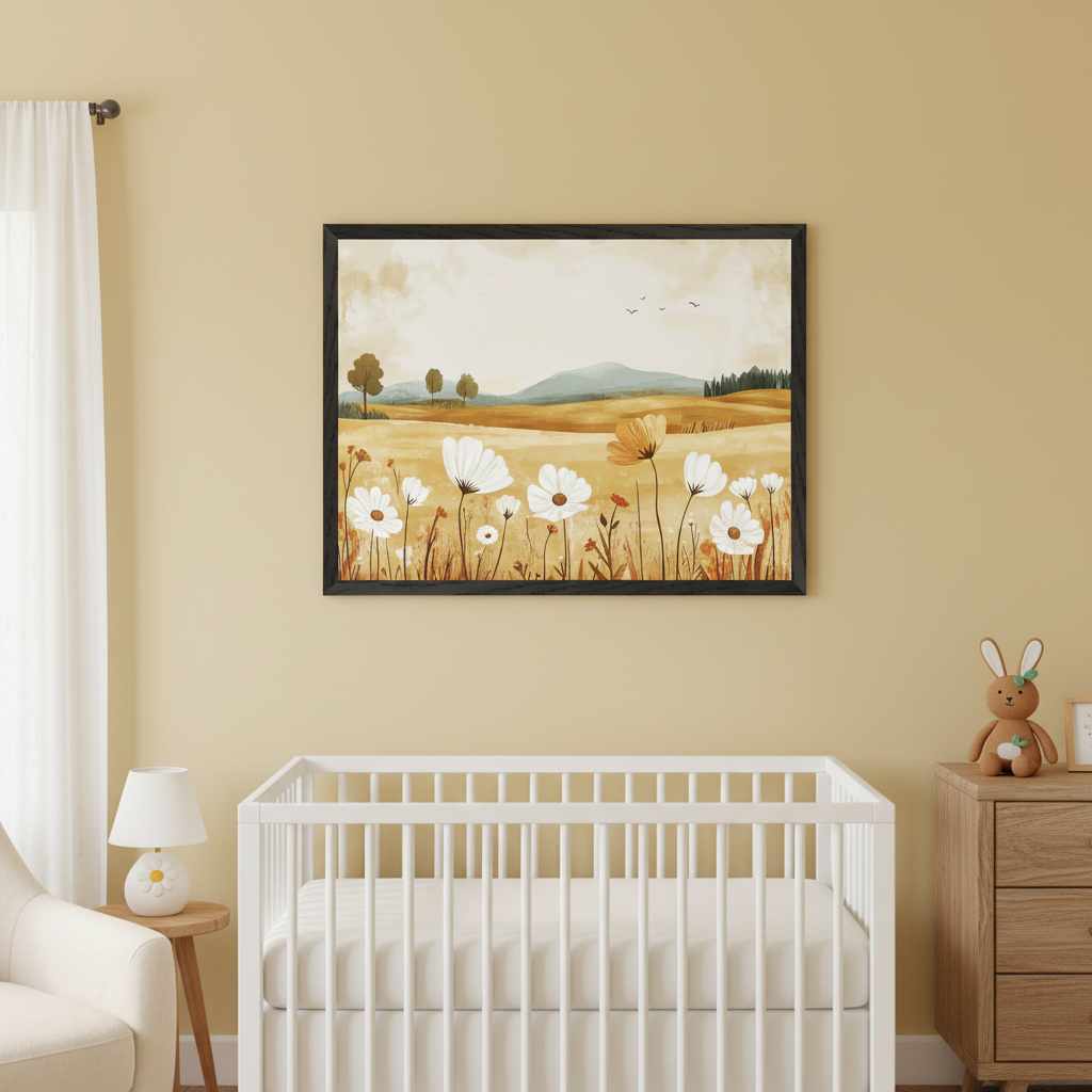 Modern nursery with warm yellow walls. A large framed painting of a field of white and yellow flowers, trees, and hills hangs centered above a white crib. A wooden dresser is on the right, and a white armchair and side table are on the left.