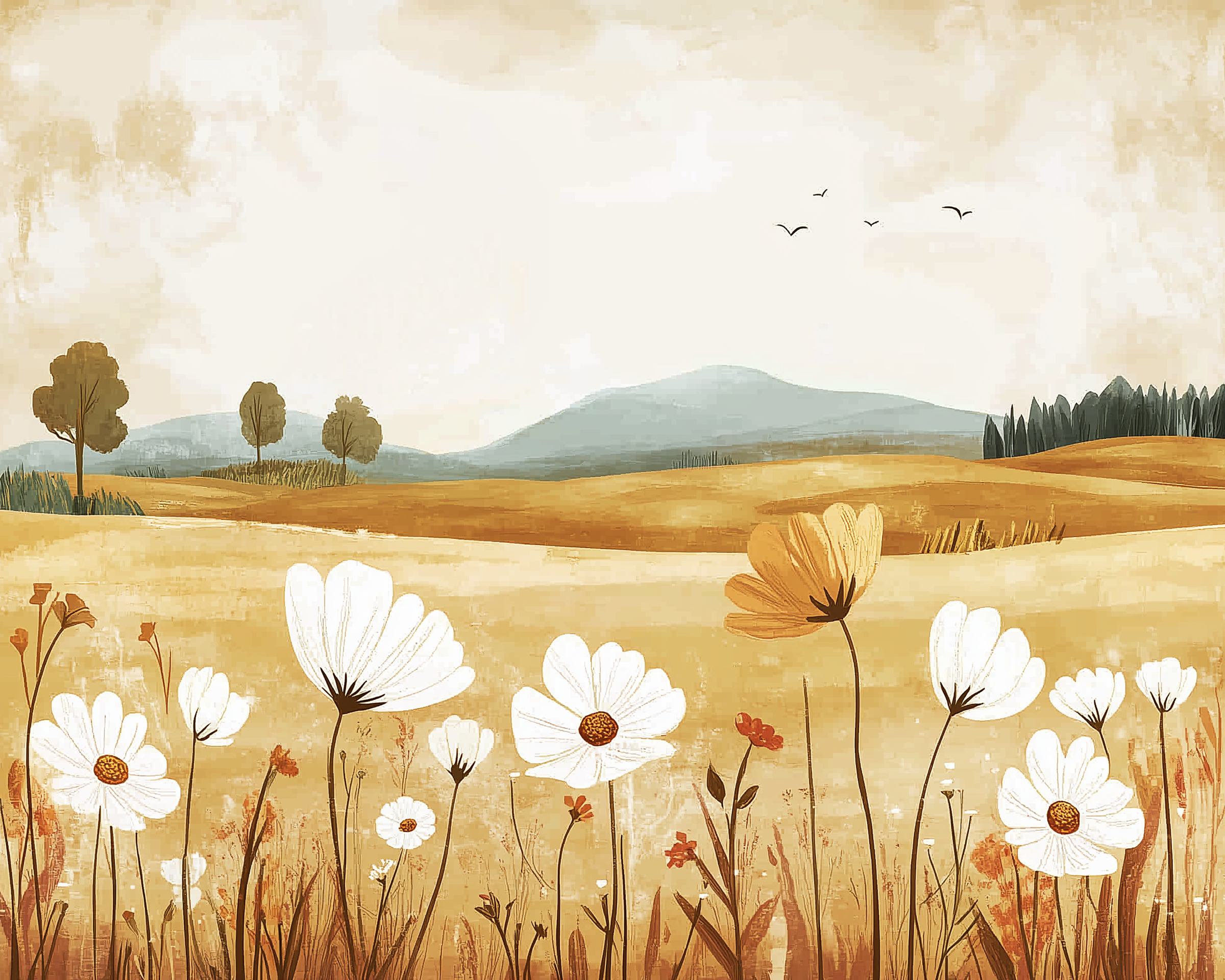 Golden Field Days Wildflower Wall Art for Nursery, Playroom or Kids Bedrooms - Desert Mountain Landscape - Prairie Bloom
