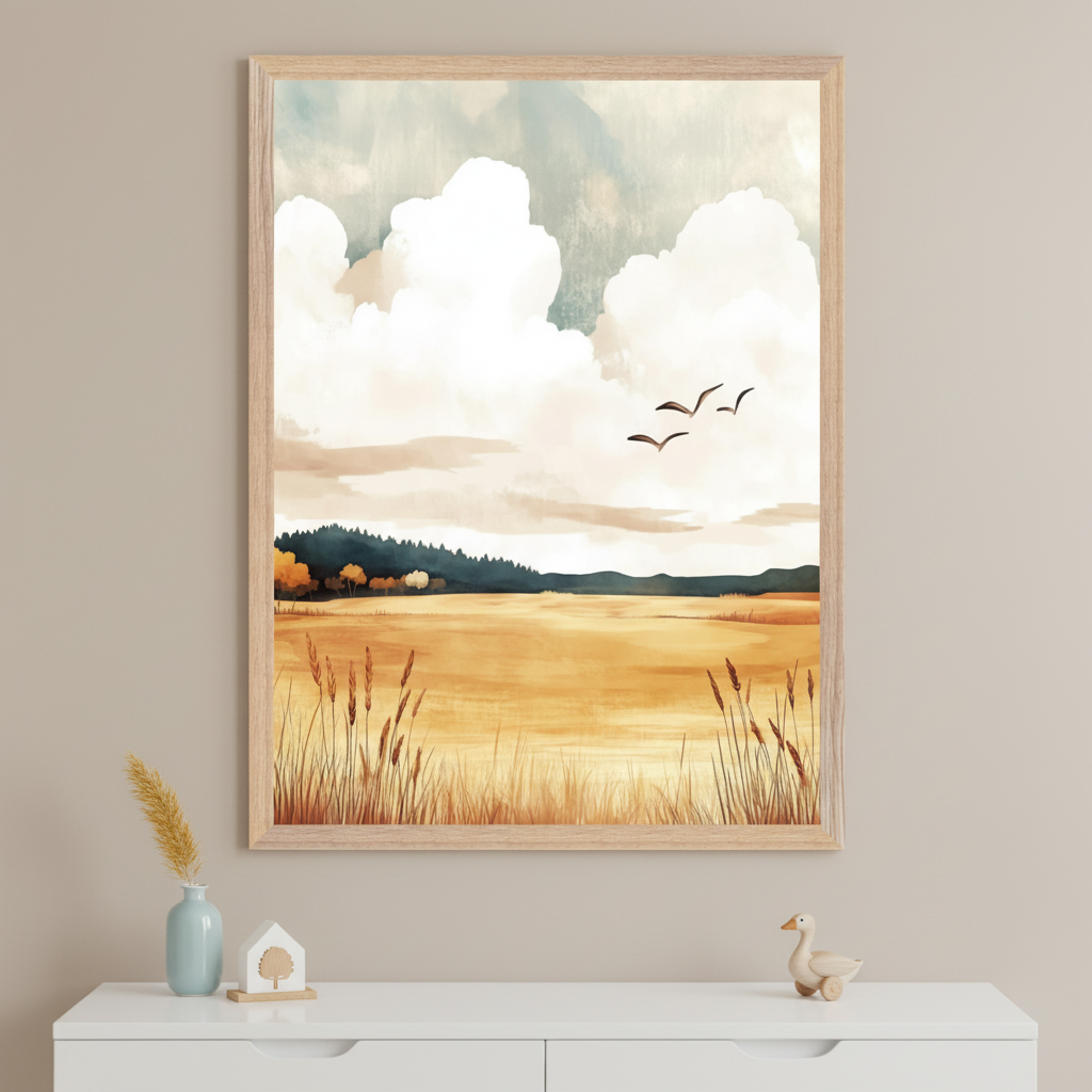 Framed wall art featuring a peaceful golden field under a dramatic sky with fluffy white clouds and three birds flying above the horizon. In the foreground, tall grasses sway gently, while a forested tree line and distant hills anchor the background. A white cabinet below holds a ceramic duck, a small wooden house, and a pale blue vase with dried wheat.