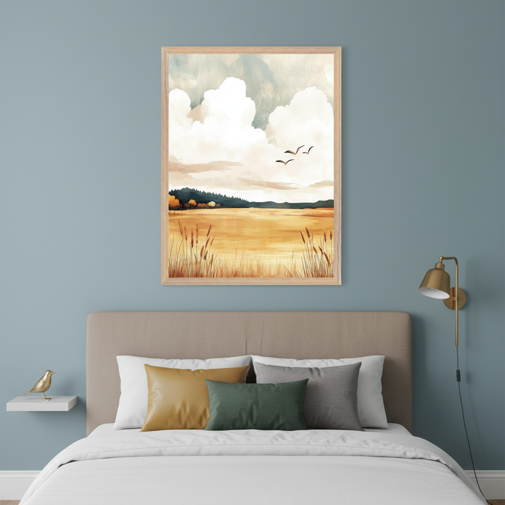 Modern bedroom with a beige upholstered bed and headboard. A large, framed landscape painting hangs centered above the bed, featuring a golden field with reeds, autumn trees, white clouds, and three flying birds, in a painterly style.
