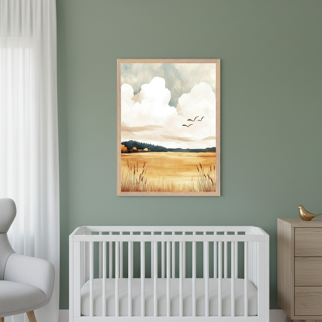 Modern nursery with a white crib against a green wall. A light wood framed watercolor landscape art, showing golden fields, a forest, cloudy sky, and three birds, hangs above the crib. A partial gray armchair and a wooden dresser with a gold bird are also visible.