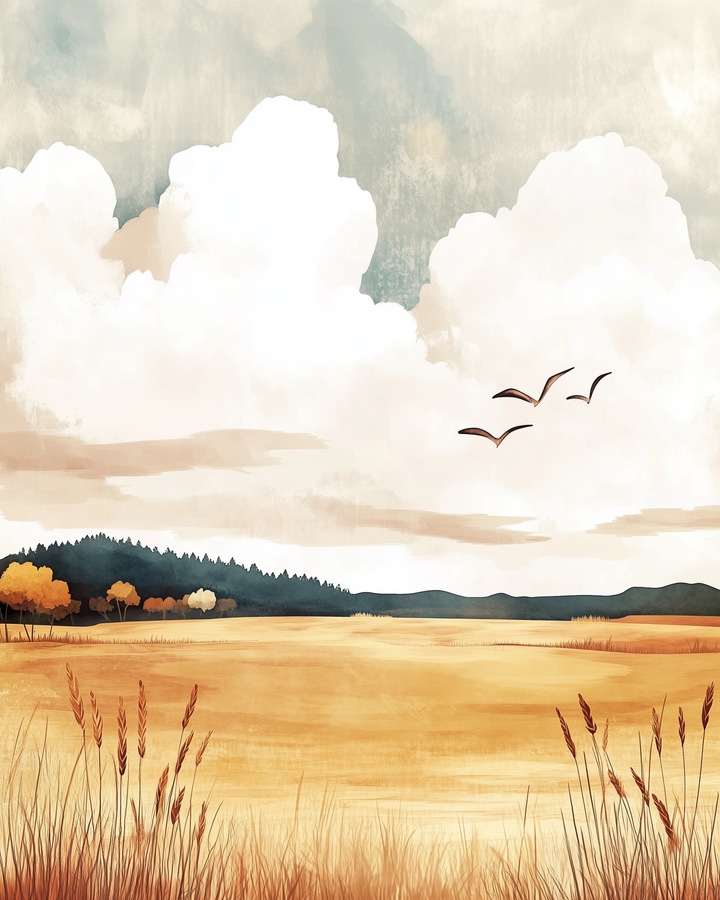 A wide golden field stretches under a dramatic sky filled with large white clouds, while birds soar overhead and a line of trees borders the horizon.
