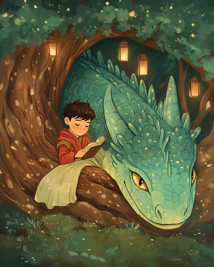 A young boy in a red cloak reads a book while sitting in the hollow of a large tree, accompanied by a serene blue dragon with golden eyes. Lanterns hang from the tree branches, casting a warm glow in the forest setting.