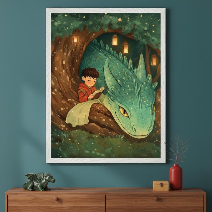 Contemporary room with a dark teal wall and a wooden dresser. A white-framed print hangs centered above, showing an illustration of a boy reading on a tree next to a green dragon in a forest with glowing lanterns. A dragon figurine, wooden box, and red vase are on the dresser.