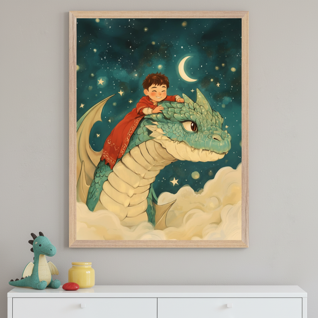 Kid's room with a white dresser. A framed illustration of a boy in a red cape riding a teal dragon through a starry night sky hangs centered above the dresser. A dragon plush toy sits on the dresser.