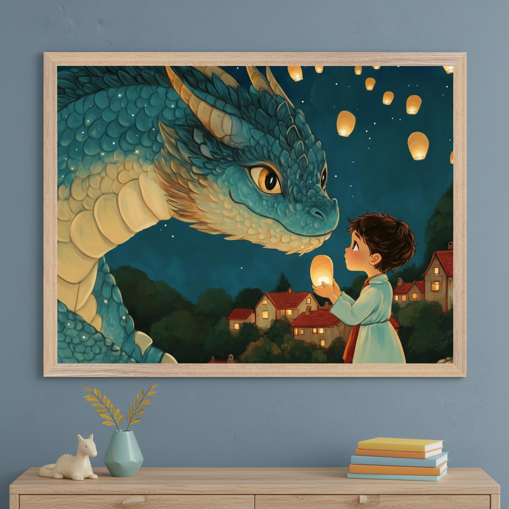 Framed fantasy illustration of a young child in a nightgown holding a glowing lantern, facing a large blue dragon with gentle eyes against a night sky filled with floating lanterns. The scene is set above a village with red-roofed houses nestled among dark green trees, creating a magical and heartwarming atmosphere.