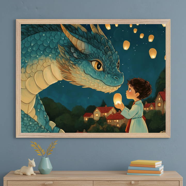 Framed fantasy illustration of a young child in a nightgown holding a glowing lantern, facing a large blue dragon with gentle eyes against a night sky filled with floating lanterns. The scene is set above a village with red-roofed houses nestled among dark green trees, creating a magical and heartwarming atmosphere.