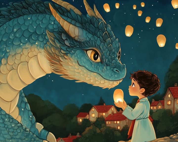 A young child in a blue robe holds a glowing lantern, gazing up at a large, friendly blue dragon with intricate scales. They are surrounded by floating lanterns in the night sky, with a quaint village nestled among trees in the background.
