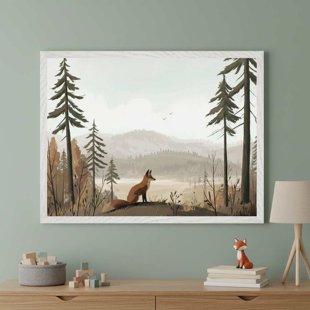 Framed wall art featuring an illustrated fox sitting in a serene forest clearing with pine trees and soft, misty mountains in the background. Below the artwork, a wooden dresser displays a fox figurine, a neutral lamp, and a felt basket with pastel wooden blocks, all set against a muted sage green wall.