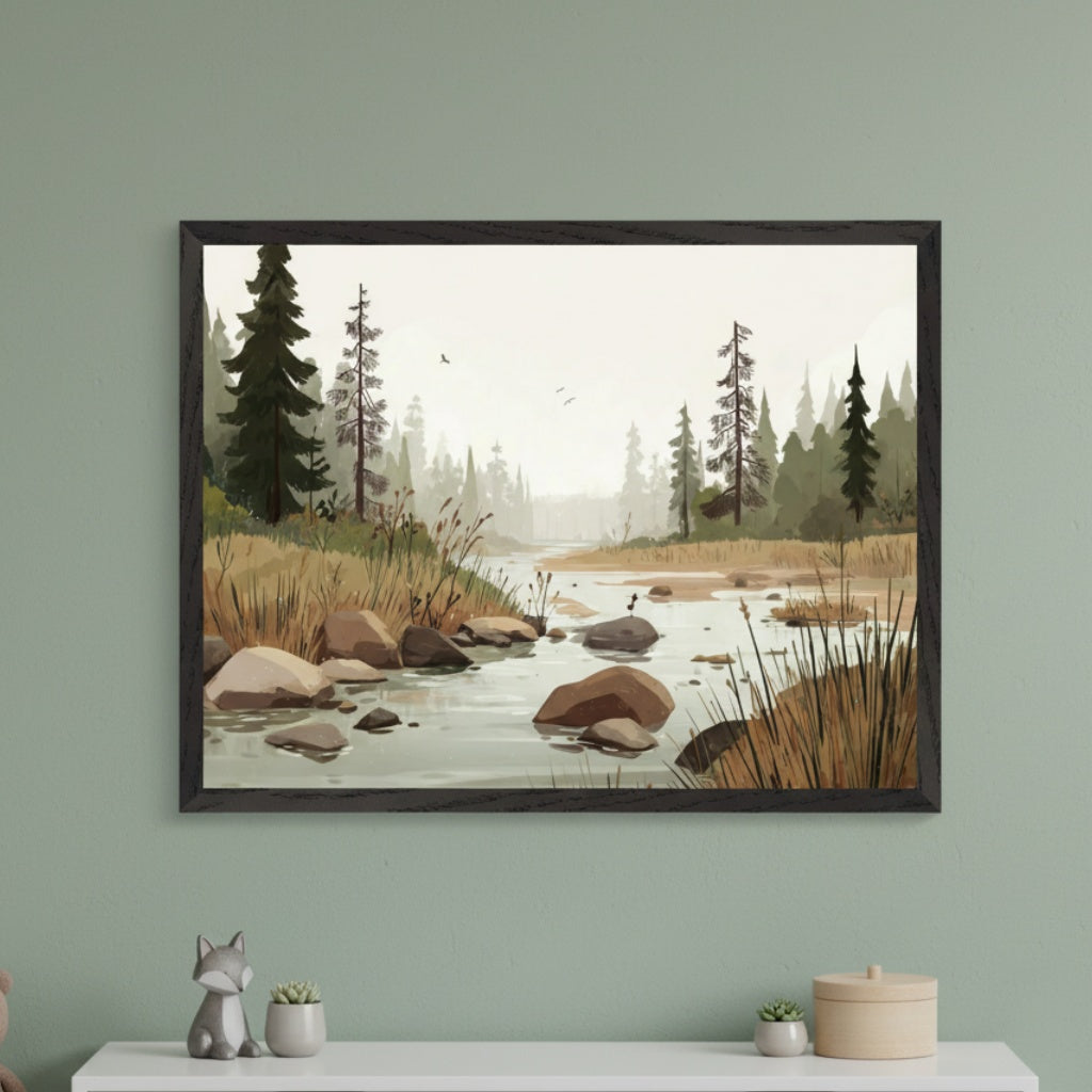 Modern room with a sage green wall and a white console table. A large framed illustrative painting of a forest river with rocks, grasses, and pine trees hangs centered above the console.