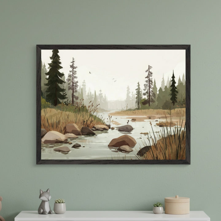Modern room with a sage green wall and a white console table. A large framed illustrative painting of a forest river with rocks, grasses, and pine trees hangs centered above the console.