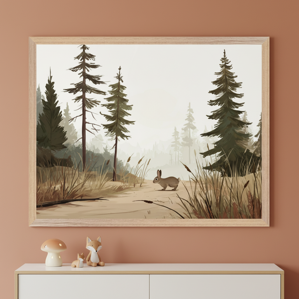 Modern kid's room with a white and wood dresser. A large framed illustrated forest scene depicting pine trees, a dirt path with dry grass, and a rabbit walking, hangs centered above the dresser.