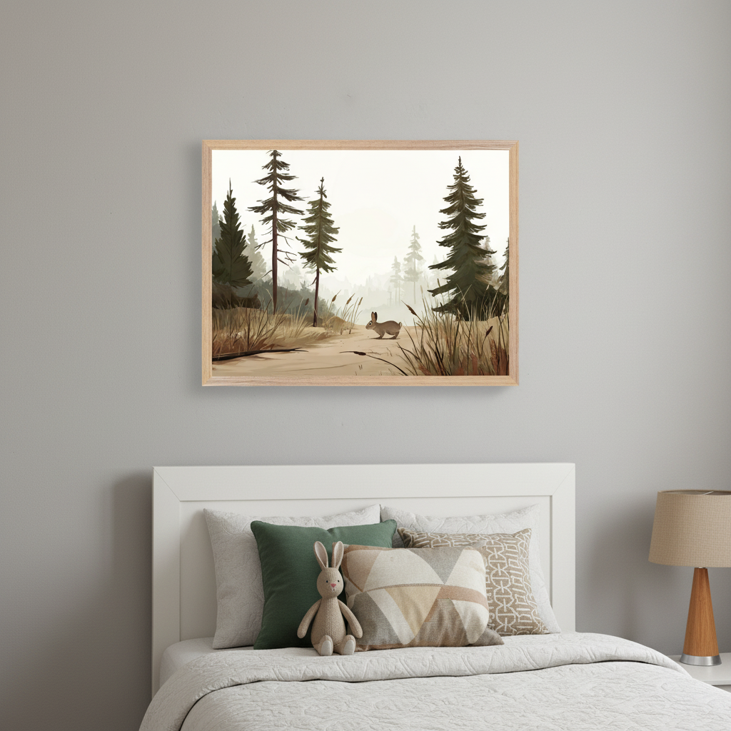 Kid's bedroom with a white bed and headboard. Above it, a framed illustration shows a forest path with pine trees and a rabbit. The bed features pillows and a plush bunny toy. A bedside lamp is on the right.
