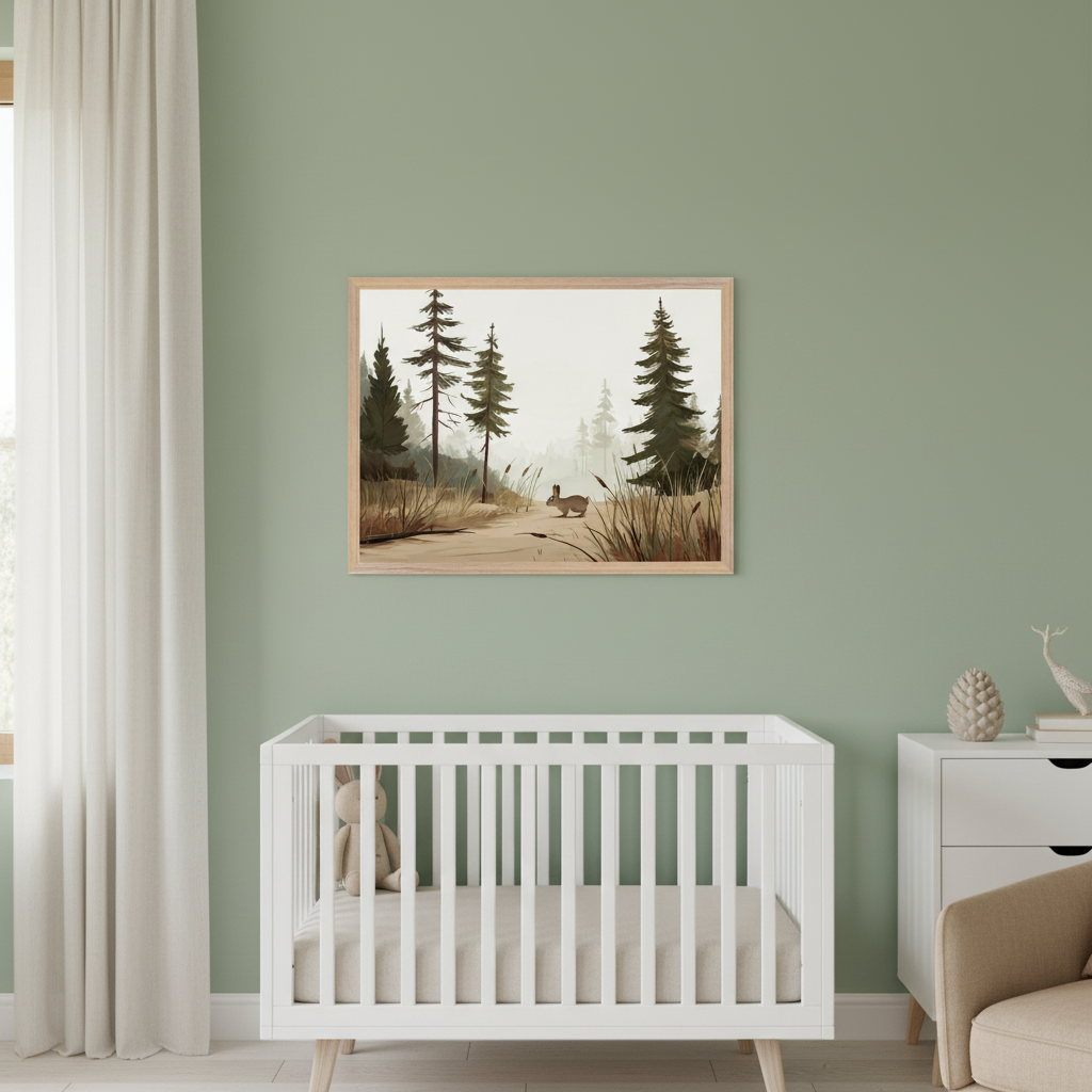 Modern nursery with a white crib against a sage green wall. A white dresser is to the right. A framed painting of a forest path with evergreen trees and a rabbit in an illustrative style hangs above the crib.