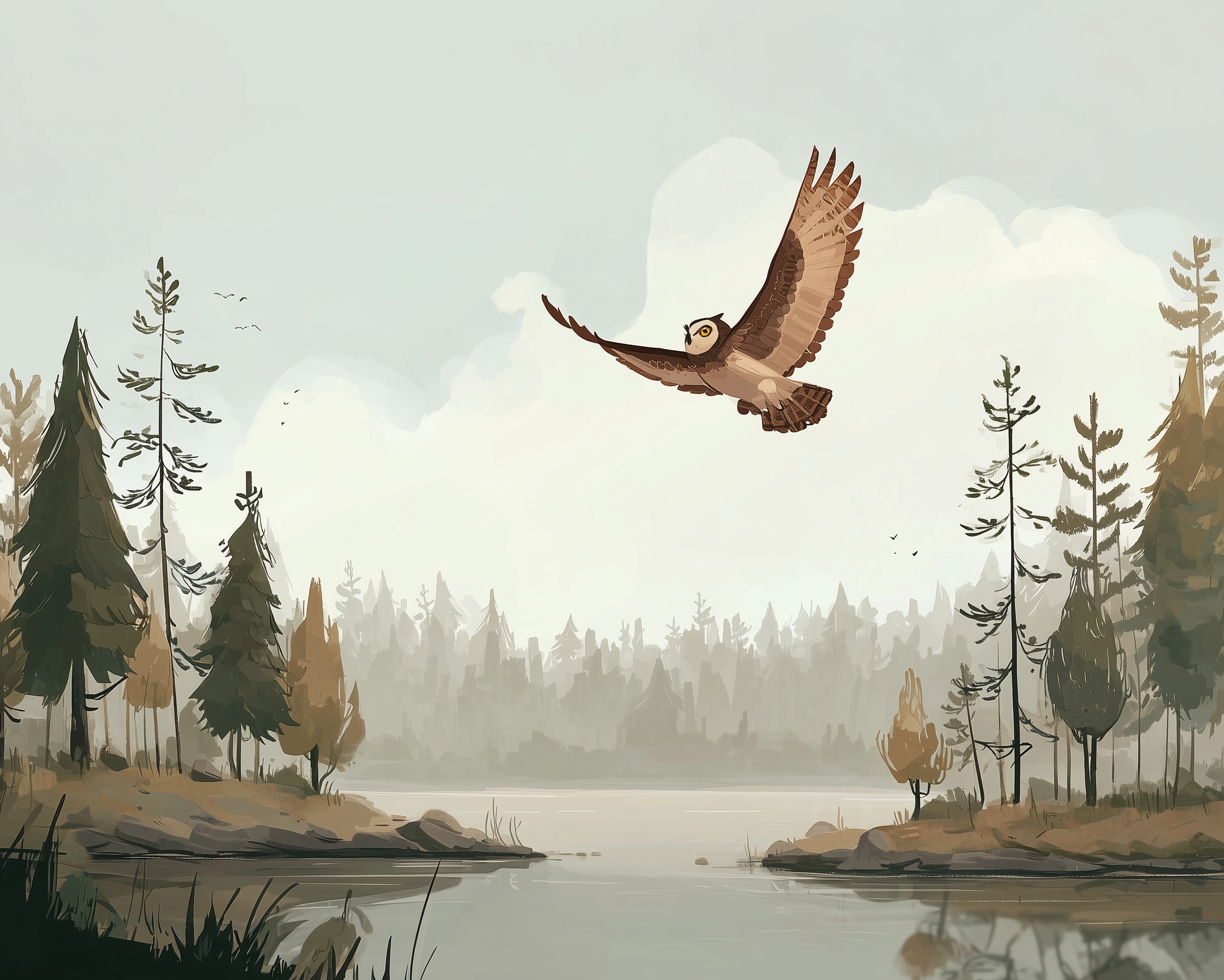An owl soars gracefully over a serene lake surrounded by tall, slender trees in a misty forest landscape, with soft clouds filling the sky.