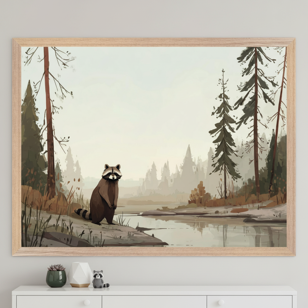 She Knows Alt Text said:

Framed artwork of a raccoon standing near a calm forest stream, surrounded by tall evergreen trees and soft mist in the distance. The dresser below holds a small raccoon figurine and neutral-toned decor, all set against a light gray wall.