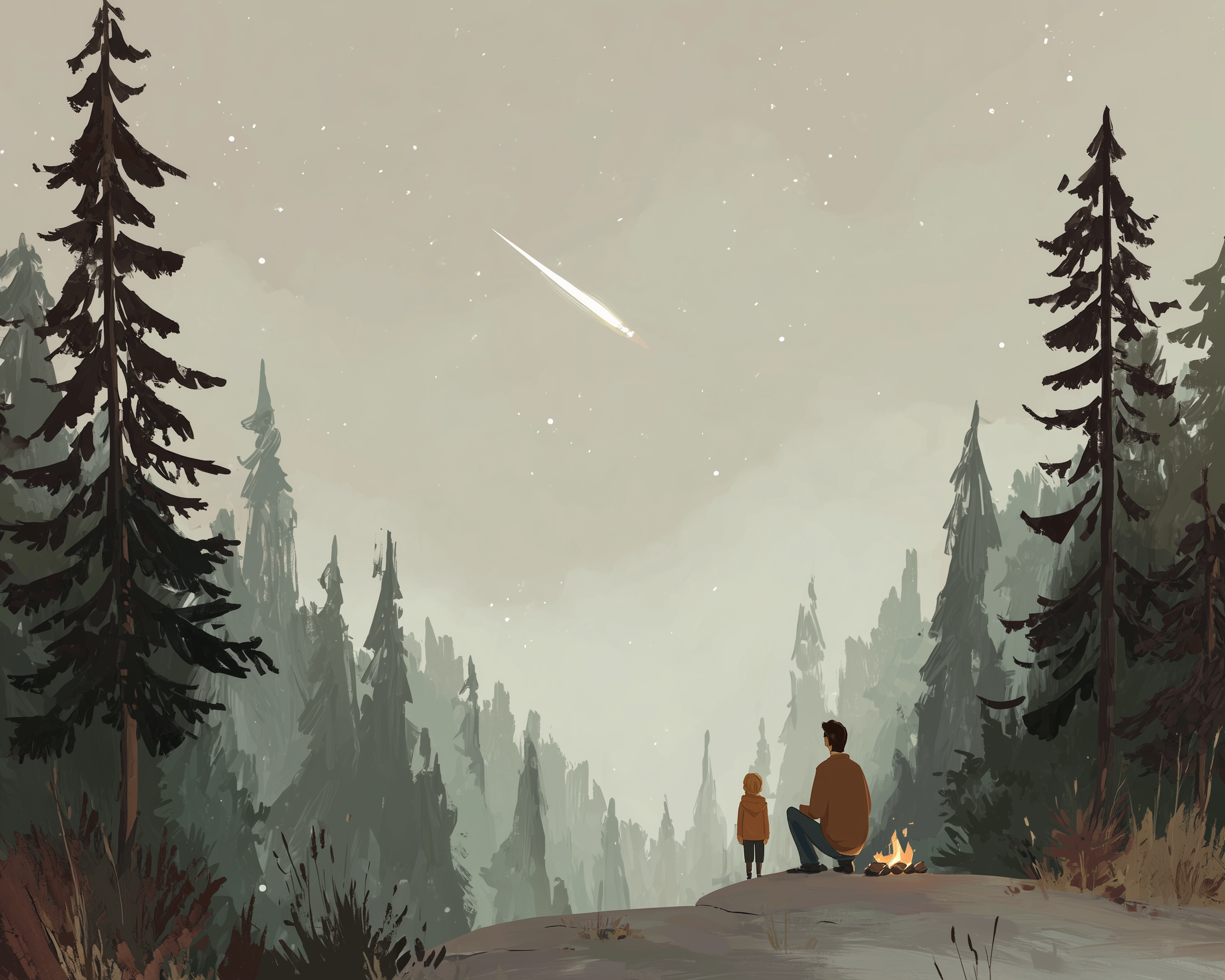 A person and a child stand on a hilltop surrounded by tall pine trees, gazing at a shooting star in the night sky. A small campfire glows beside them, adding warmth to the tranquil forest scene.