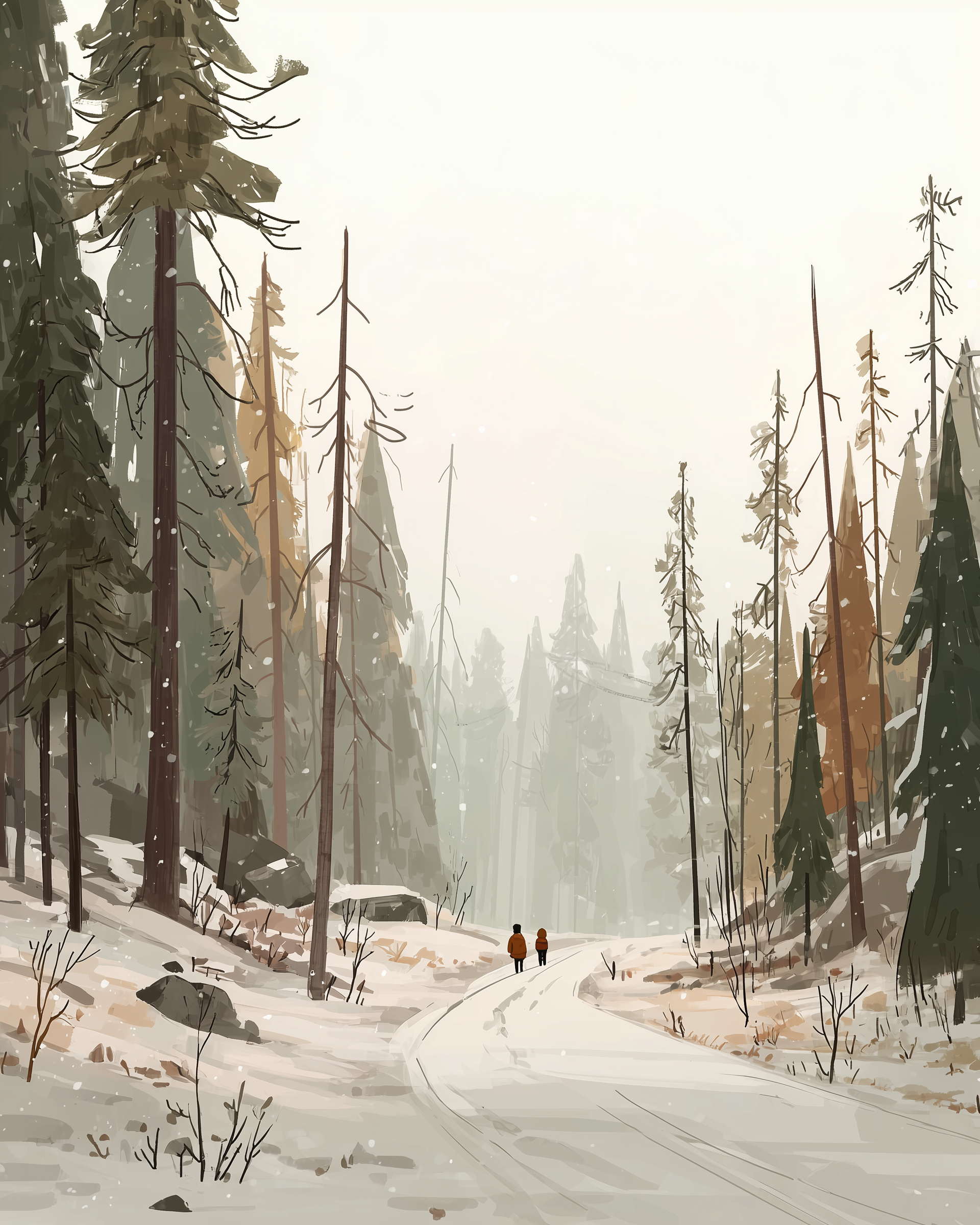 Two people walk along a snowy path winding through a serene forest of tall, sparse trees, with snowflakes gently falling in the tranquil winter setting.
