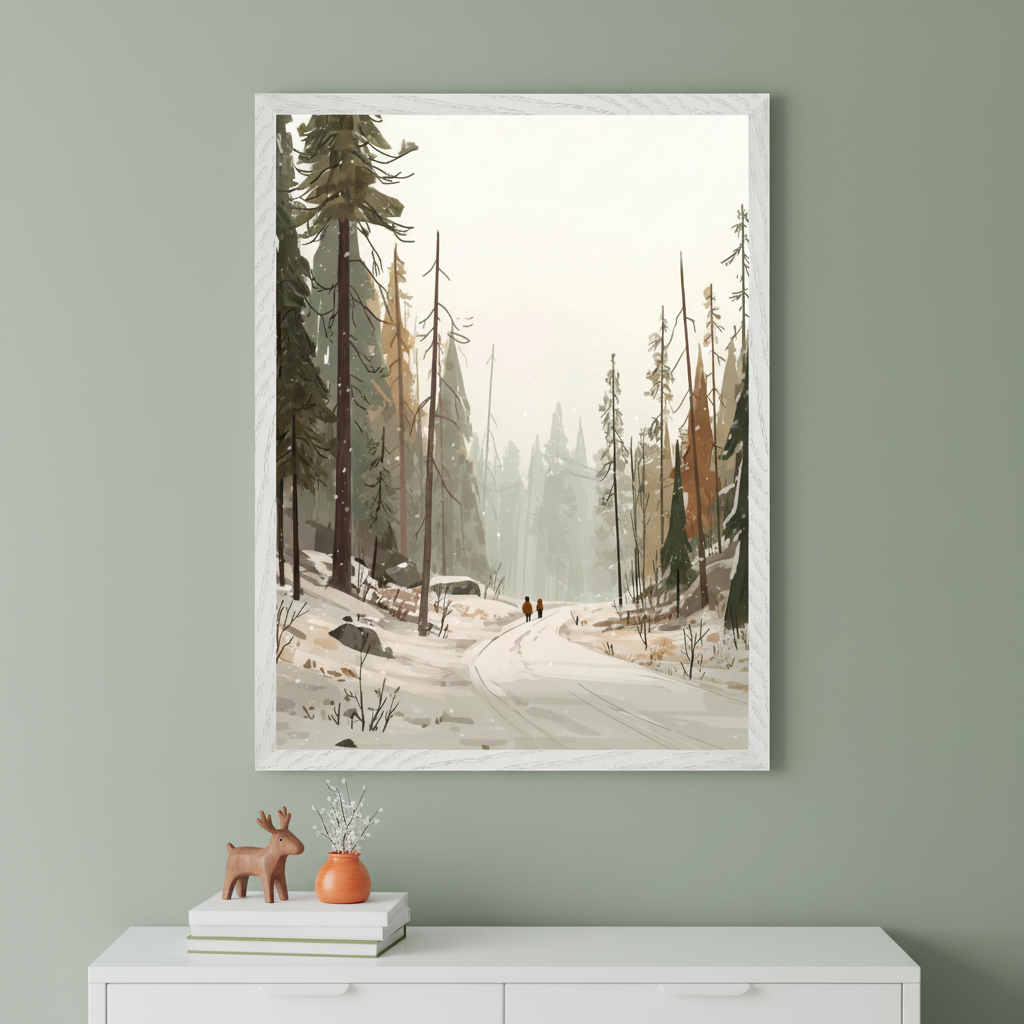 Framed winter landscape artwork showing two small figures walking down a snow-covered path surrounded by tall, slender pine trees. The art hangs on a sage green wall above a white dresser decorated with stacked books, a small orange vase with sprigs, and a wooden reindeer, creating a calm, woodland-themed space.